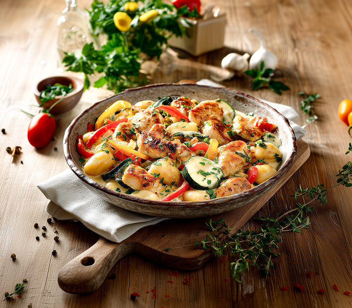 BBQ-Hähnchen-Gnocchi-Pfanne mit Zucchini und Paprika