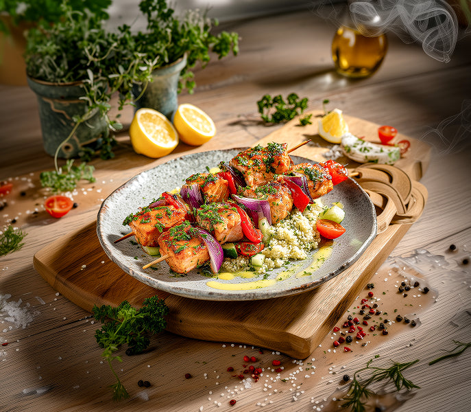 Gegrillte Lachs-Spieße mit Petersilien-Couscous und Zitronen-Dressing