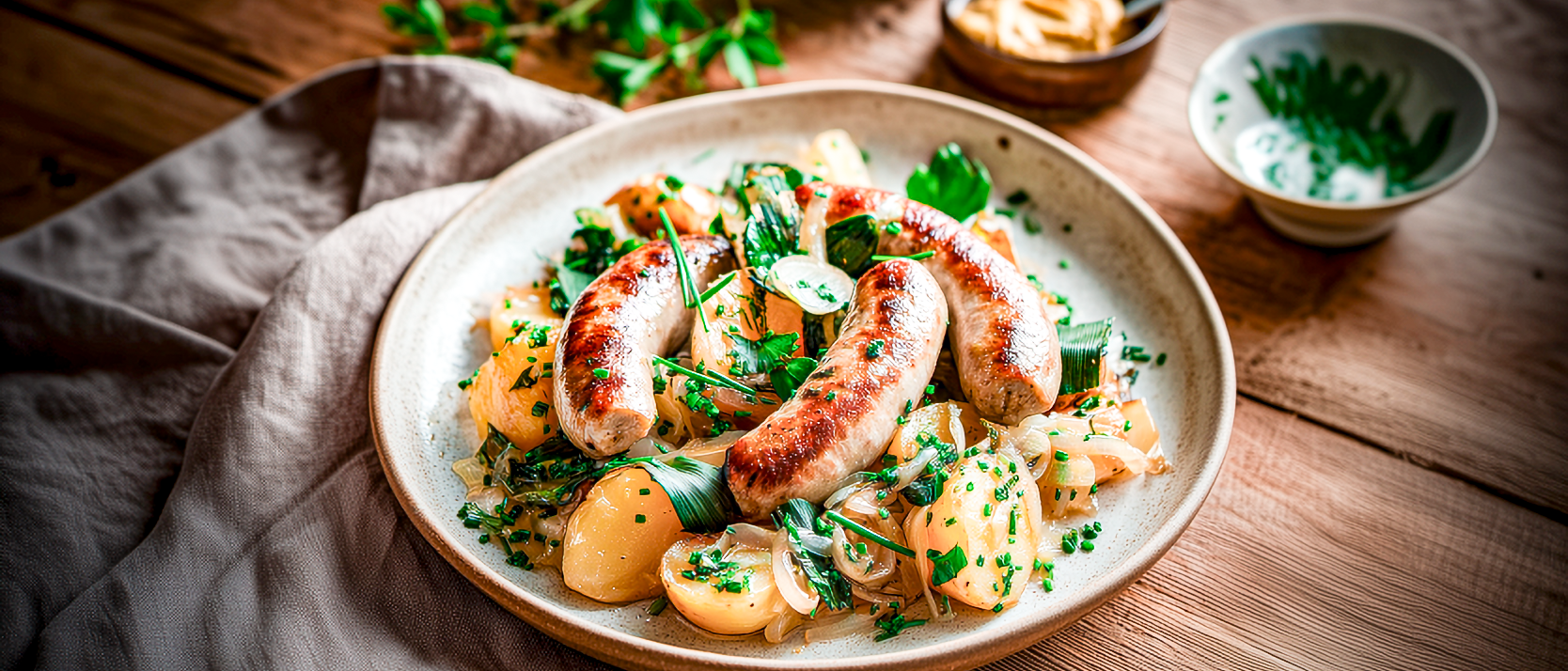 Bärlauchbratwurst mit karamellisiertem Zwiebel-Kartoffelsalat