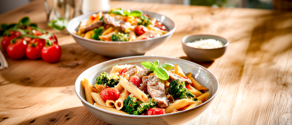 Vollkorn-Penne mit Kalbfleisch, Brokkoli und Kirschtomaten