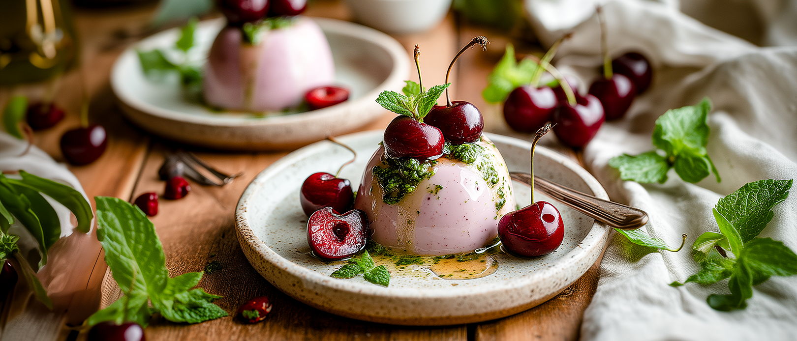Honig-Kirsch-Pannacotta mit Minzpesto