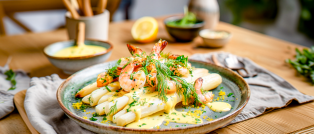 Ofenspargel mit Garnelen und Kräuter-Hollandaise