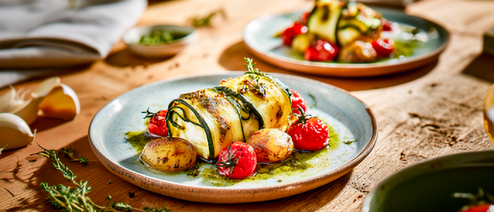 Fetakäse im Zucchinimantel mit Pestokartoffeln