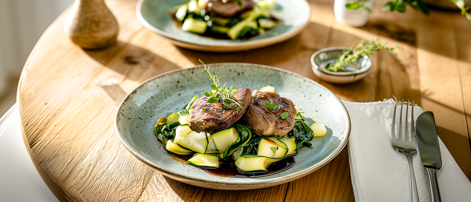 Lammsteaks mit jungem Zucchini-Spinatgemüse