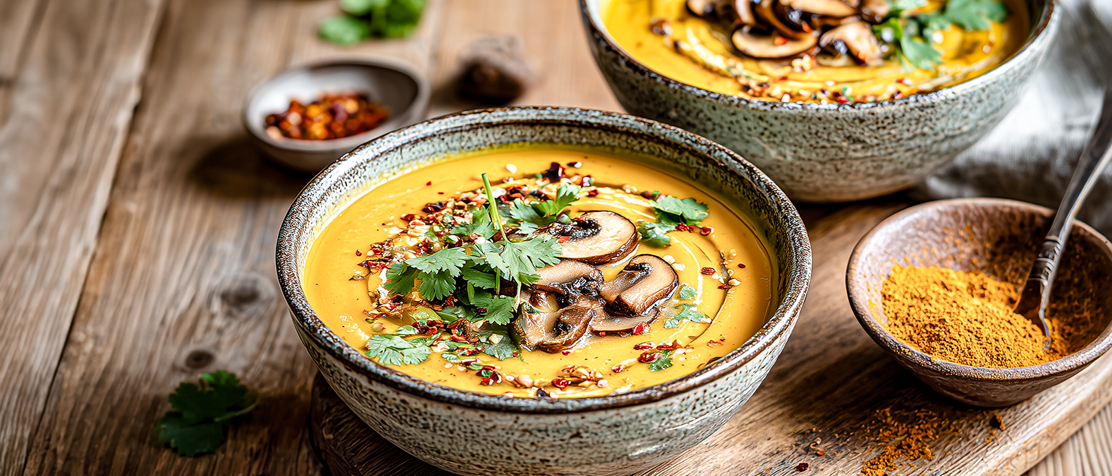 Kokos-Kürbissuppe mit Grünkernen und Champignons