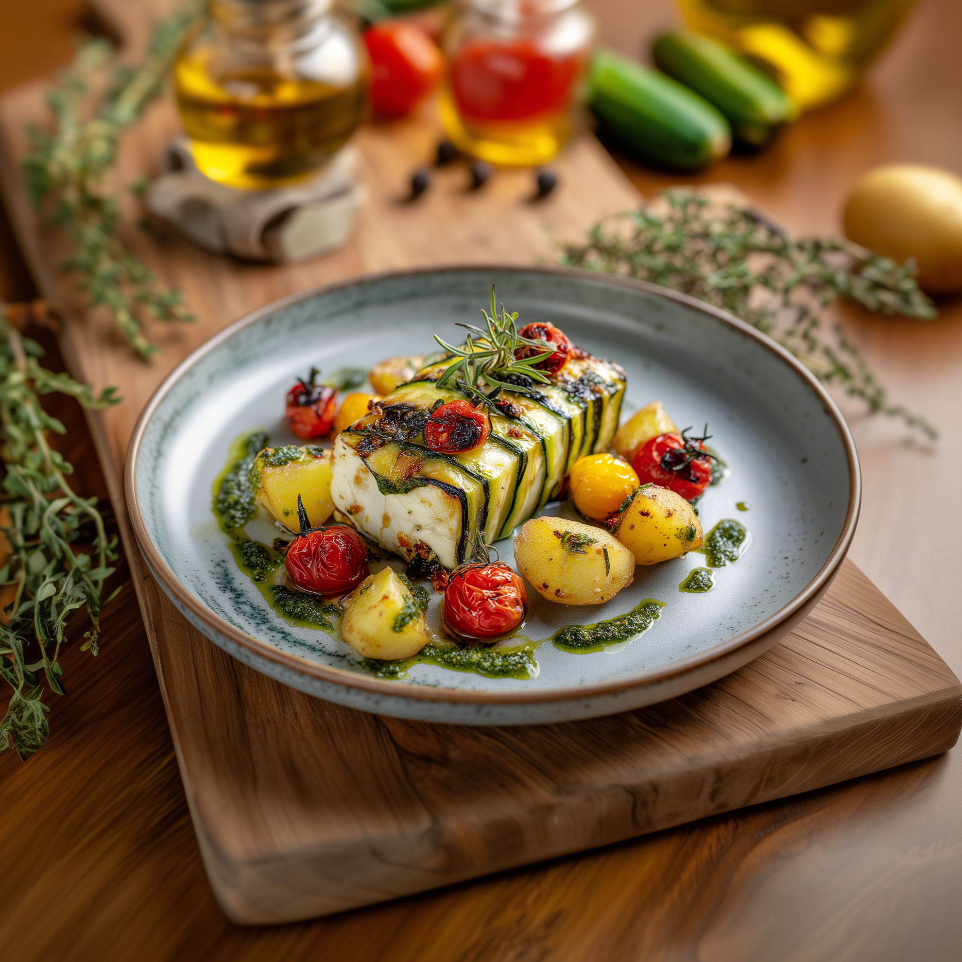 Fetakäse im Zucchinimantel mit Pestokartoffeln