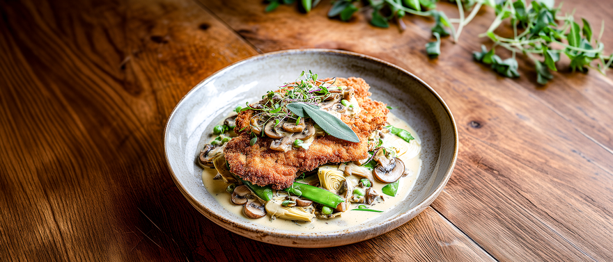 Kalbsschnitzel mit knuspriger Funghi-Panade auf Gemüseragout