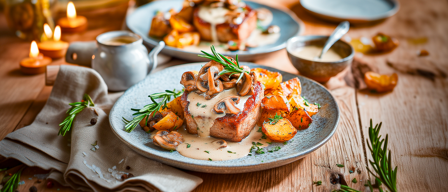 Schweinemedaillons mit Waldpilzsoße und Rosmarinkartoffeln