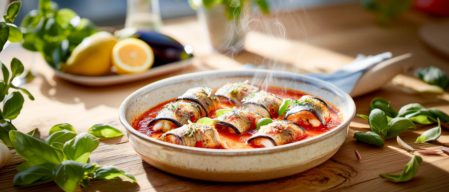 Auberginen-Fischröllchen in Tomatensoße
