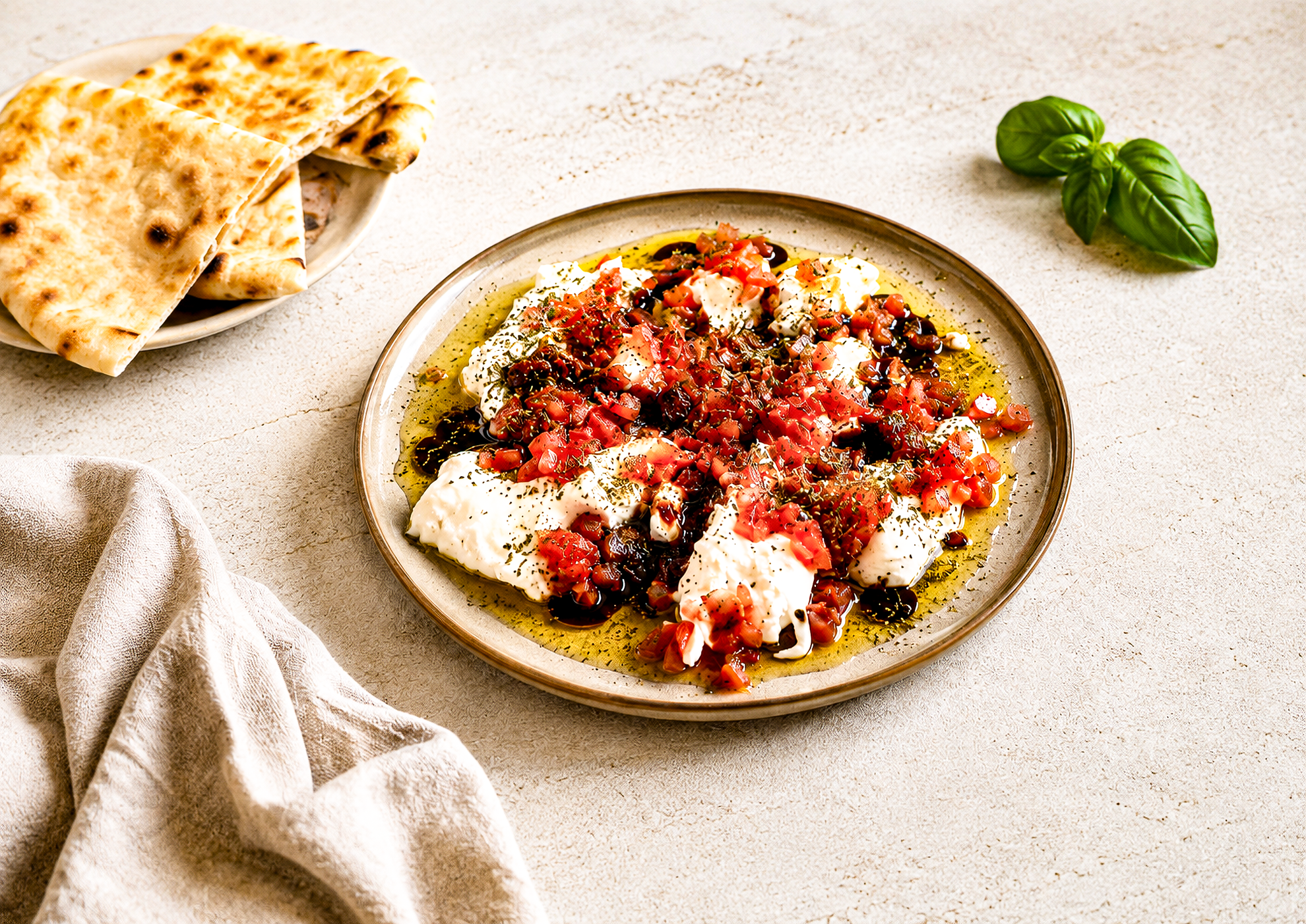 Smashed Burrata Dip mit Tomaten-Balsamico