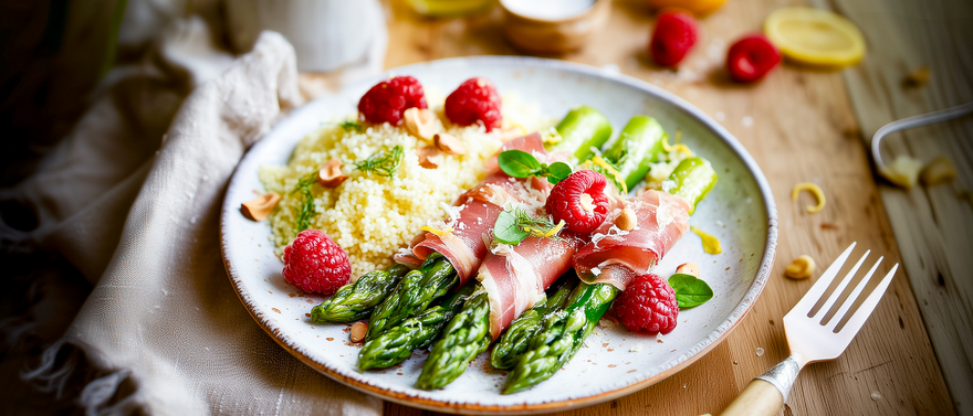 Grüner Spargel mit Parmaschinken und Zitronen-Himbeer-Couscous