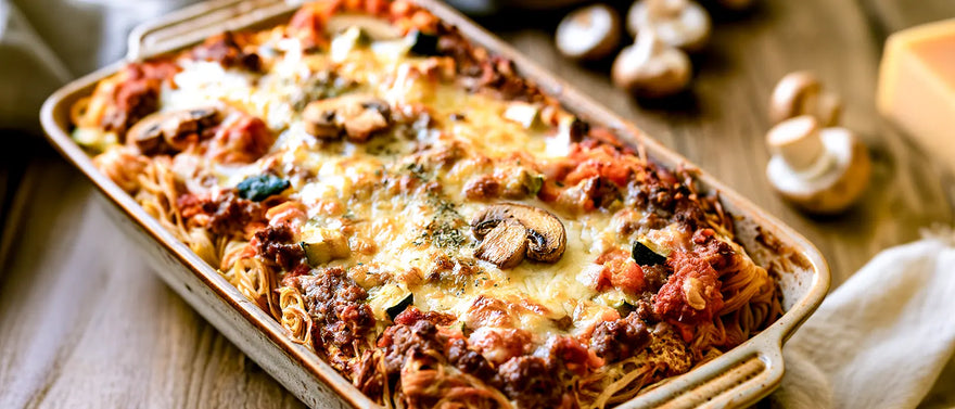 Spaghetti-Pizza mit Champignons