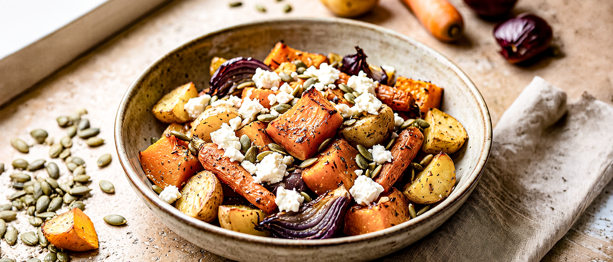 Herbstliches Ofengemüse mit Kürbis & Feta