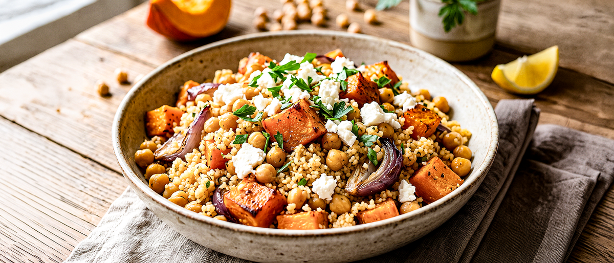 Kürbis-Kichererbsen-Pfanne mit Couscous & Feta