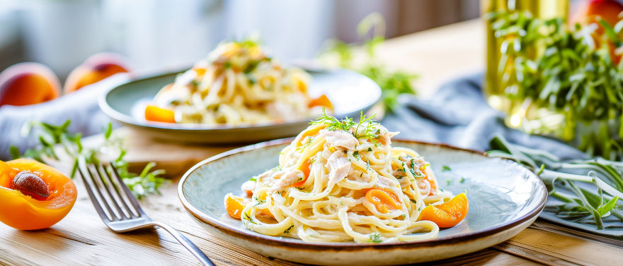 Spaghetti-Nester mit Aprikosen und Hühnchen