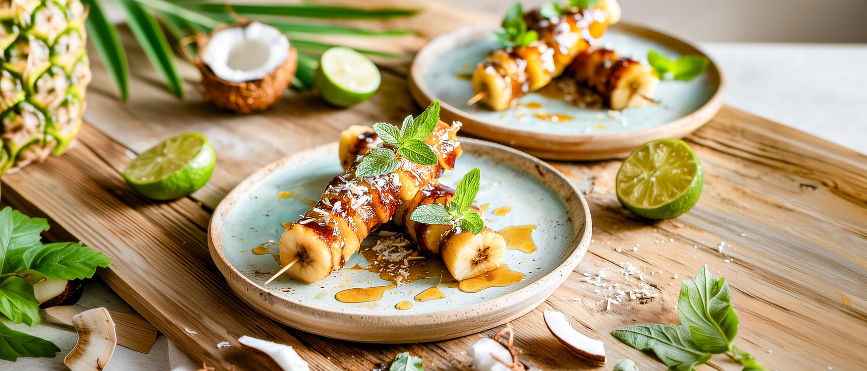 Karamellisierter Bananen-Ananas-Spieß