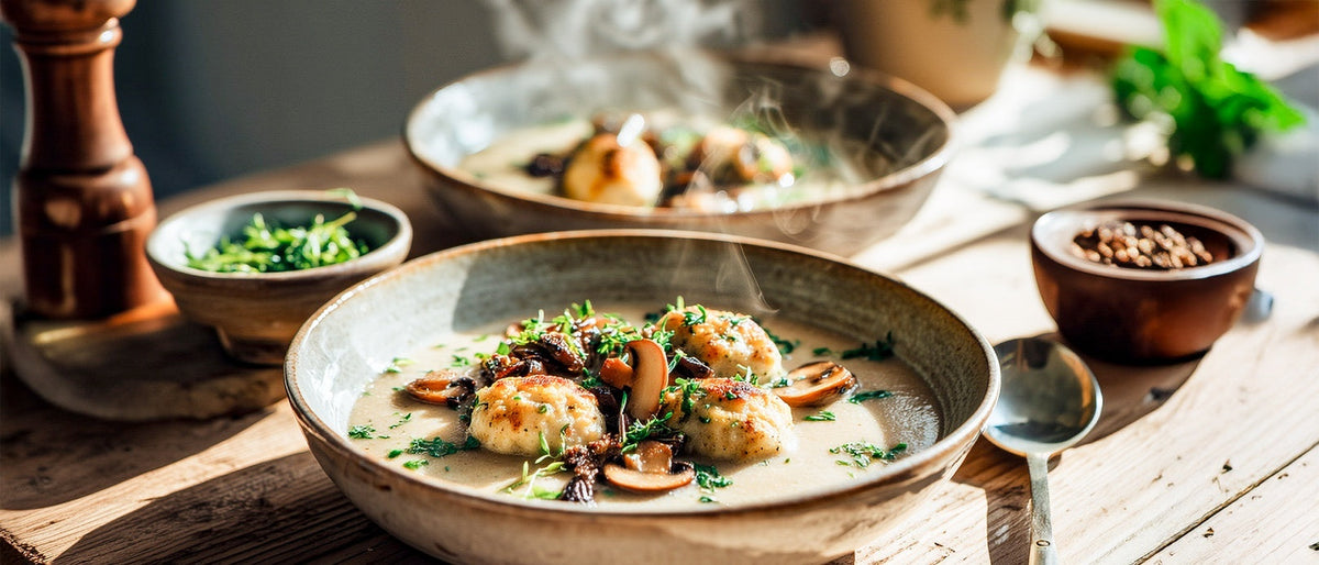 Vegane Pilzcremesuppe mit Kräuterklößchen