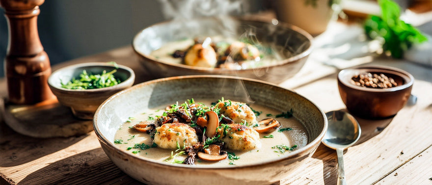 Vegane Pilzcremesuppe mit Kräuterklößchen