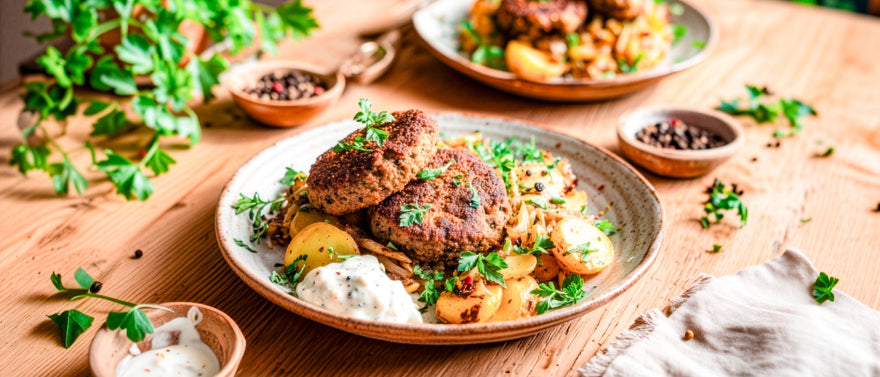 Veganes Pfeffersteak mit Bratkartoffelsalat