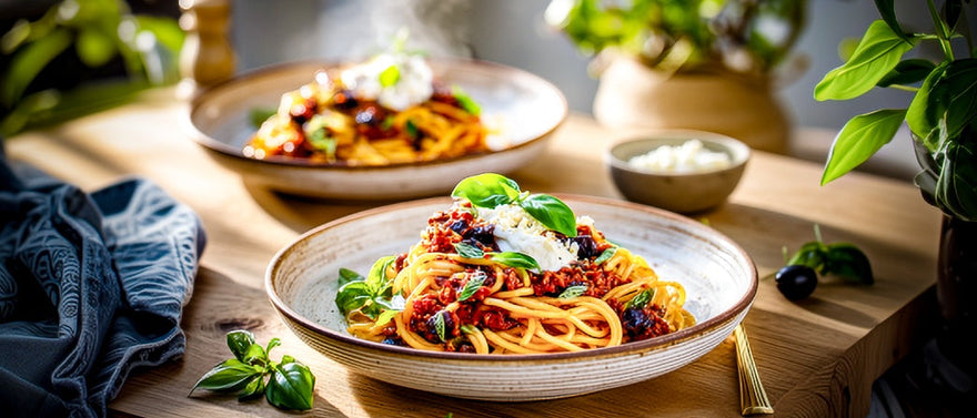 Spaghetti Bolognese mit Oliven und Ricotta