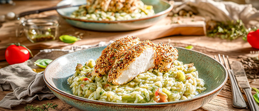 Basilikum-Nuss-Risotto mit Hähnchenbrust in Samenkruste und Lauch