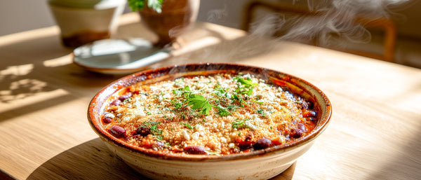 Knuspriges Gratin mit Chili sin Carne und Schafskäse
