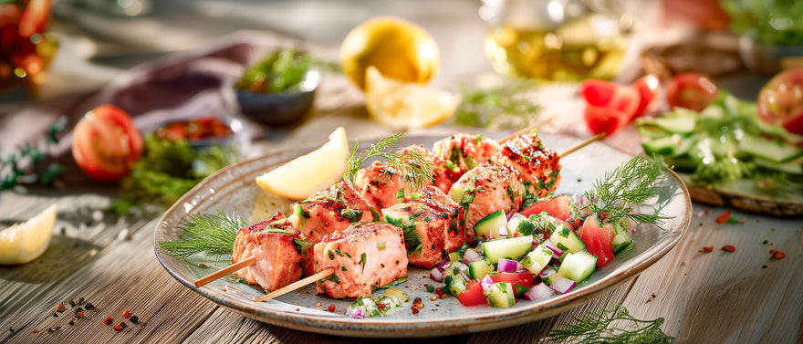 Gegrillter Lachs-Kebab mit Petersiliensalat