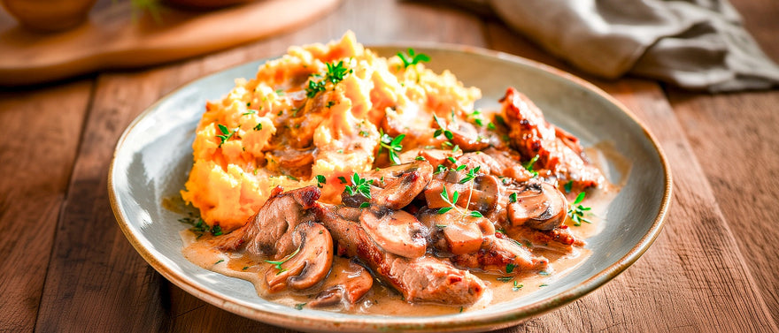Kalbsgeschnetzeltes in Champignon-Balsamicosoße mit Kürbis-Kartoffelstampf