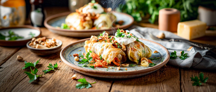 Spitzkohl-Rouladen mit jungen Karotten und Bergkäse gefüllt