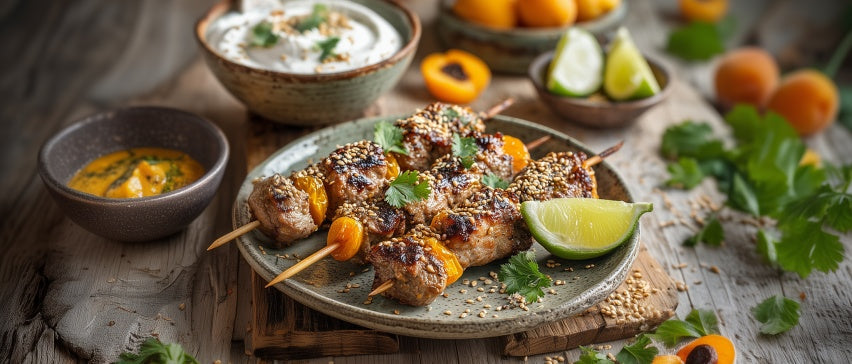 Schweinefiletspieß mit getrockneten Aprikosen und Koriander-Curryquark