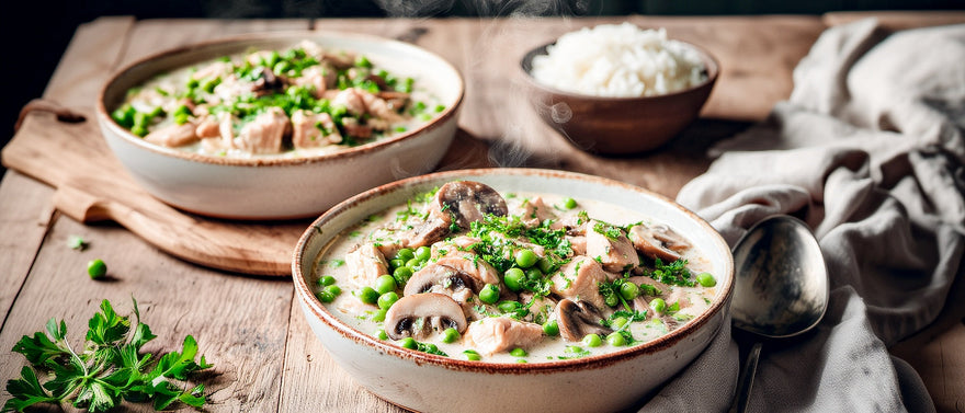 Putenfricassee mit Erbsen und Champignons