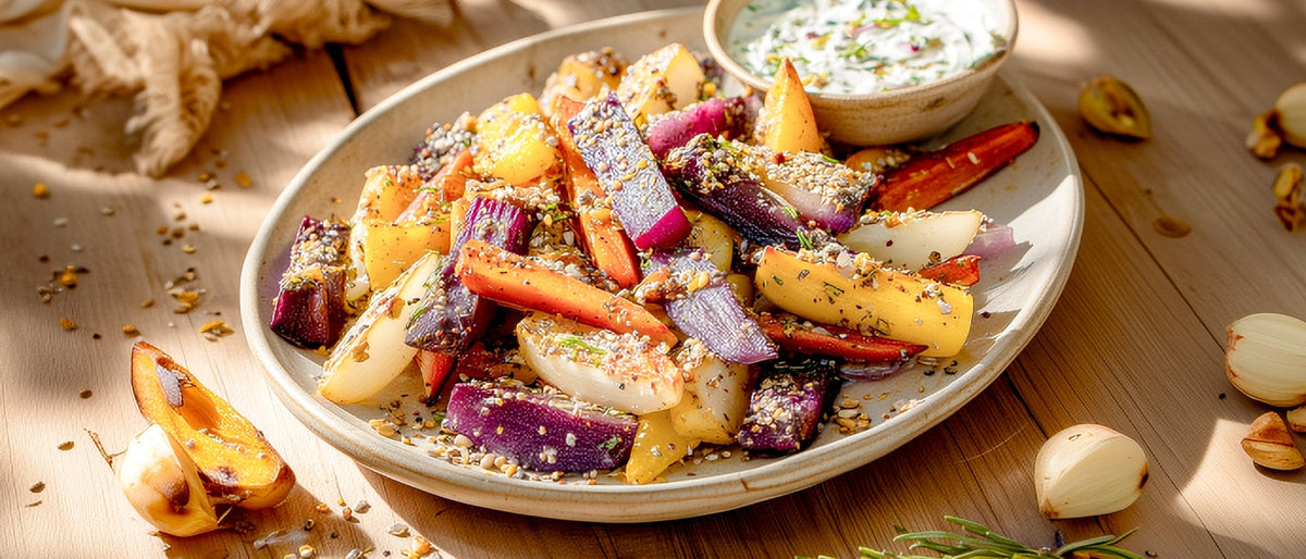 Bunte Rübchen-Wedges mit Omega-Samen-Mix und Kräuterdip