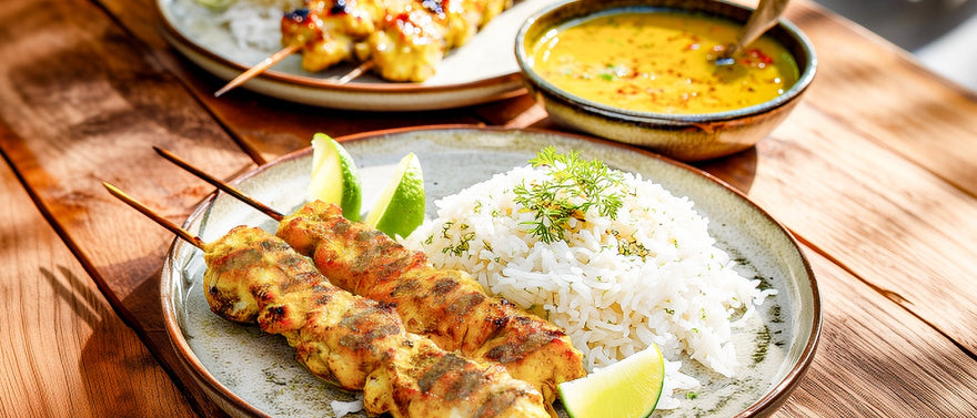 Hähnchenspieße auf Zitronengras mit Currysauce