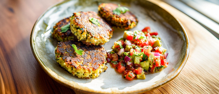 Zucchini-Wildreisburger mit Avocado-Tomatensalsa
