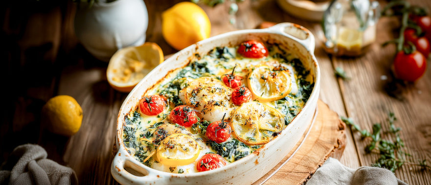 Zander-Spinatgratin auf Wildreis und Kirschtomaten