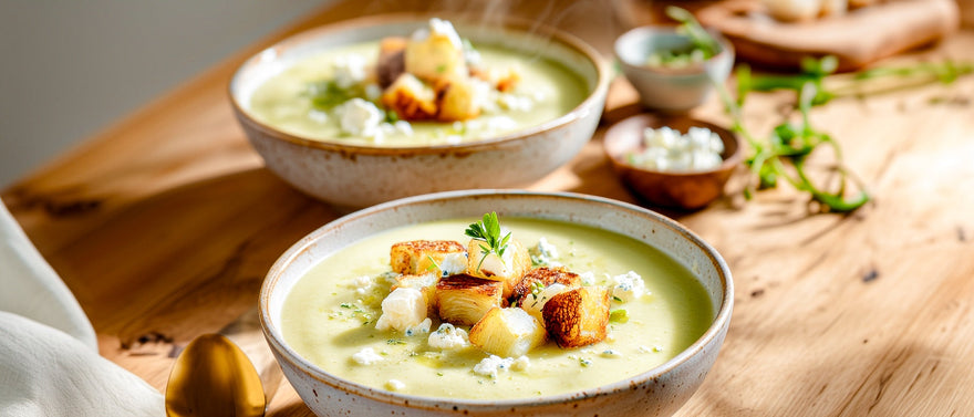 Lauchcremesuppe mit gerösteten Kartoffeln und Feta