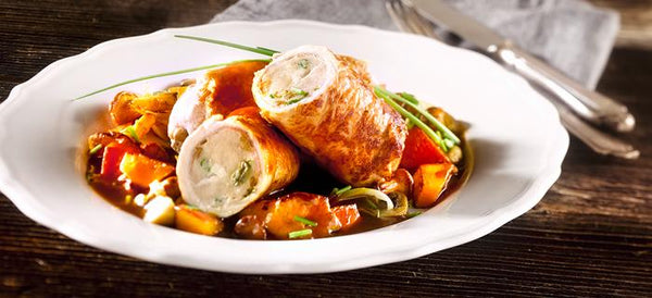 Feine Kalbfleischröllchen mit Kürbis-Pilzragout