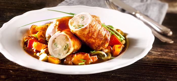 Feine Kalbfleischröllchen mit Kürbis-Pilzragout