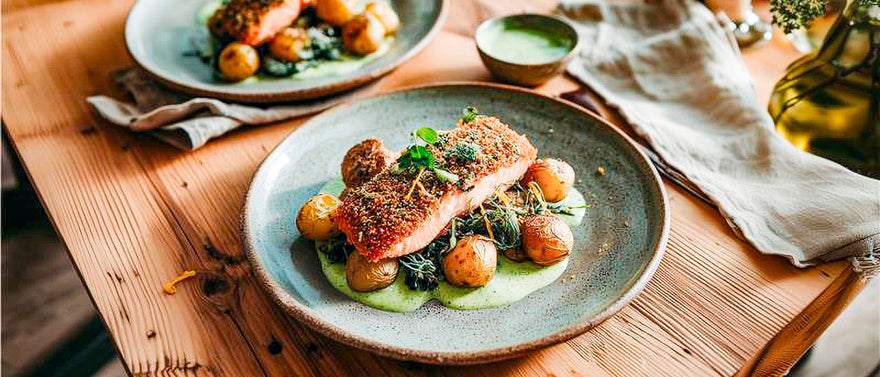 Gebackenes Wildlachsfilet auf Sauerampfersoße mit Bärlauchkartoffeln