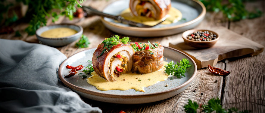 Schweinefleischrouladen mit Paprika gefüllt auf Senfsoße