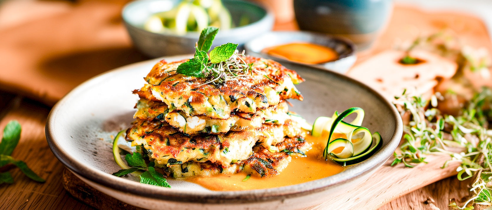 Zucchini-Schafskäse-Küchle auf Kürbis-Minzsoße