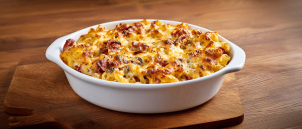 Maccaroni-Auflauf mit Steinpilzen, Chorizo und Mozzarella