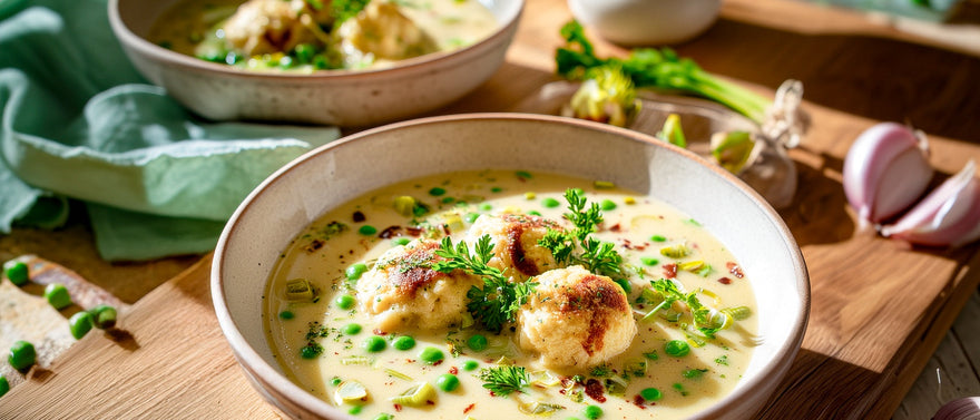 Erbsen-Lauchsuppe mit Speckklößchen