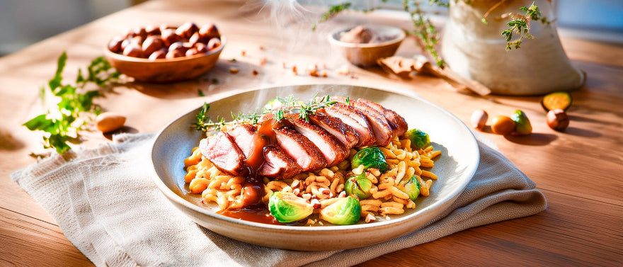Entenbrust mit Haselnuss-Spätzle und Feigensoße