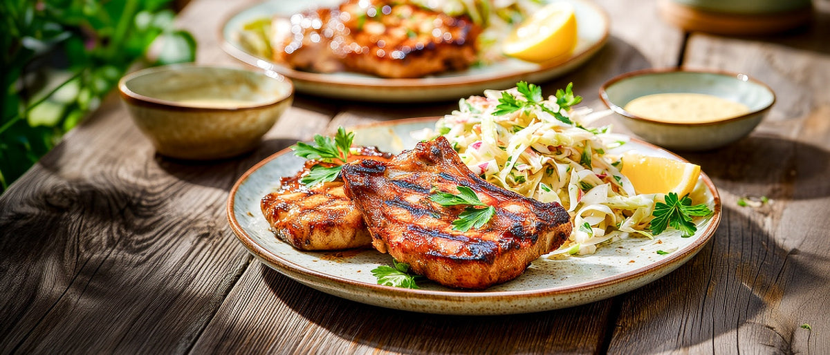 Gegrillte Koteletts mit Apfel-Krautsalat