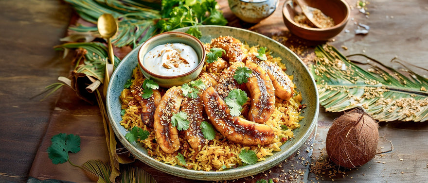 Sesambanane mit Curryreis