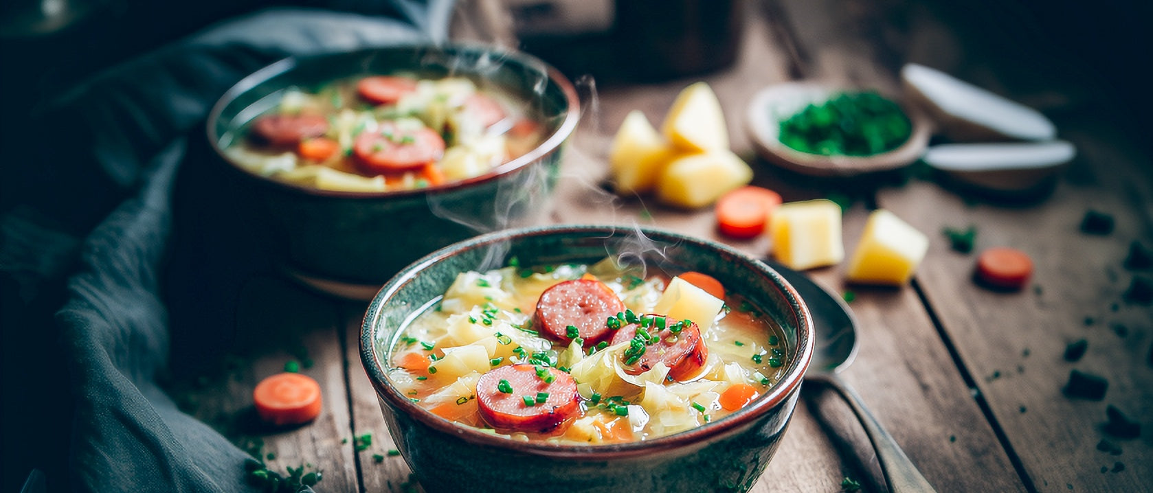 Spitzkohl-Kartoffelsuppe mit Würstchen