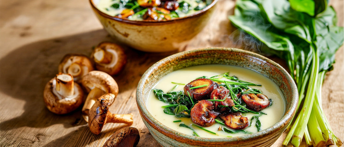 Kartoffel-Mangold-Cremesuppe mit gerösteten Pilzen
