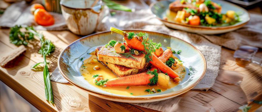 Tofu-Cashew-Bratlinge auf jungen Möhrchen