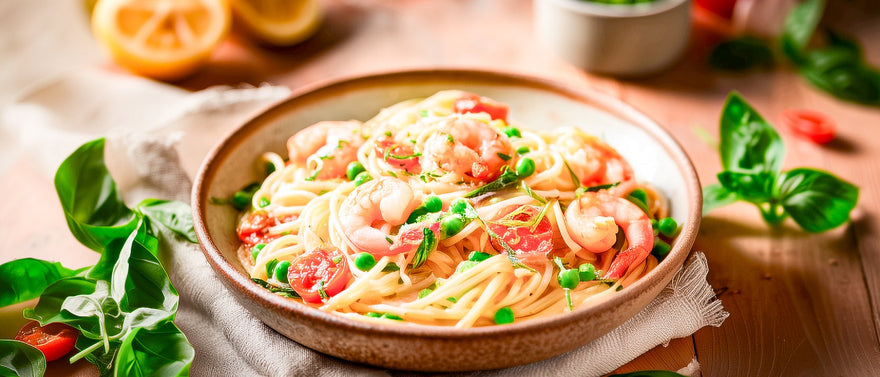 Spaghetti mit Erbsen und Garnelen